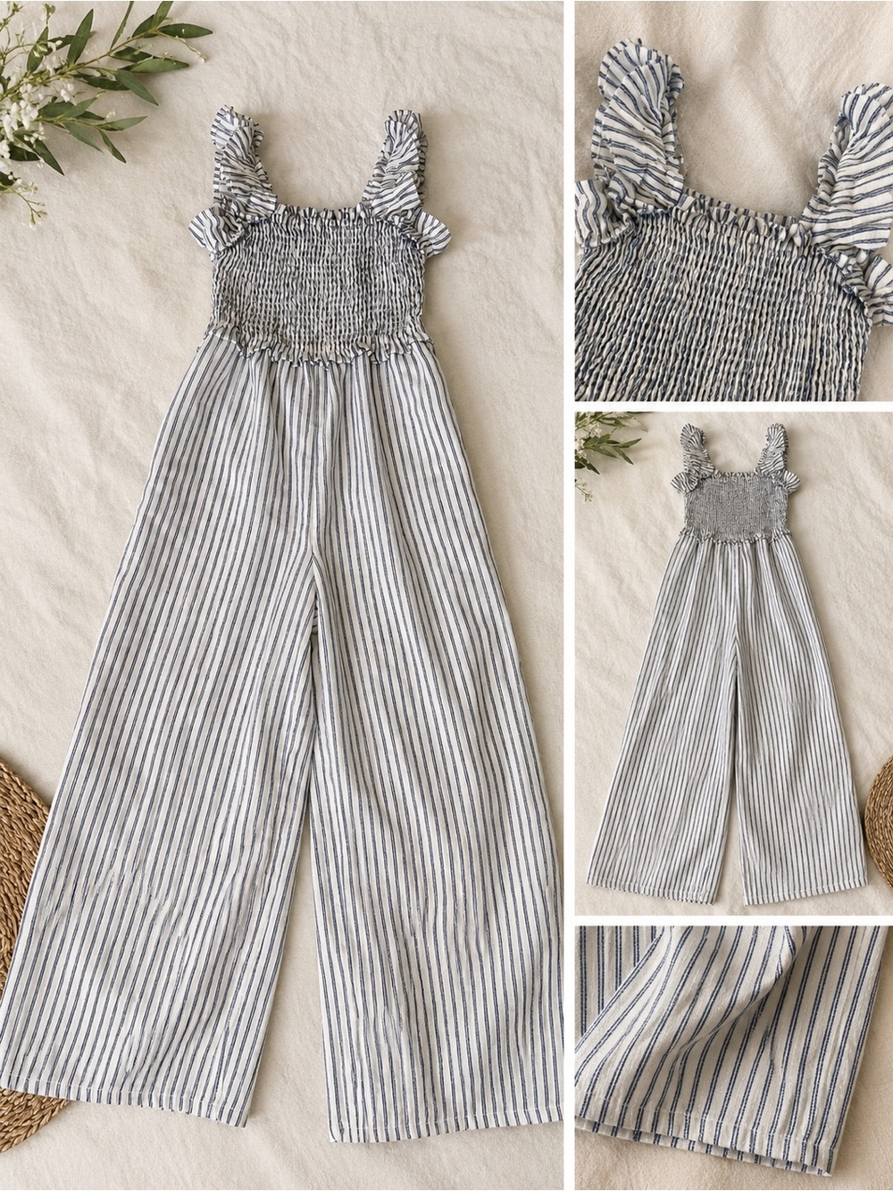 Old Navy Navy & White Striped Smocked Jumpsuit